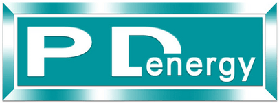 Logo der PD energy GmbH; weiße Schrift auf türkisfarbenem Grund, umrahmt von einem weiß-türkis-ineinander übergehenden Rechteck