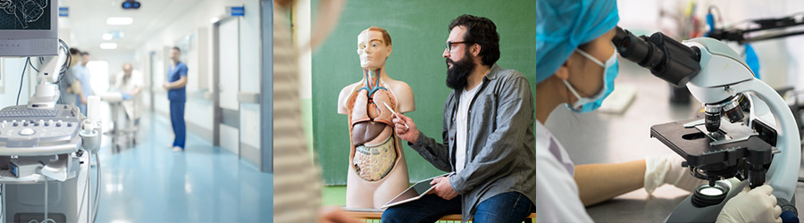Krankenhausflur, Anatomieschulung, Laborarbeit mit Mikroskop