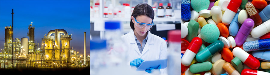 Chemieifabrik, Chemikerin mit Tablet, bunte Tabletten