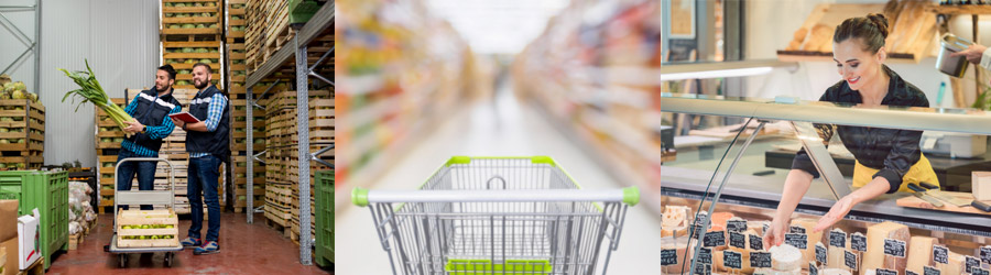 Zwei Arbeiter im Gemüsegroßhandel, ein Einkaufswagen im Supermarkt, eine Frau an der Kaesetheke
