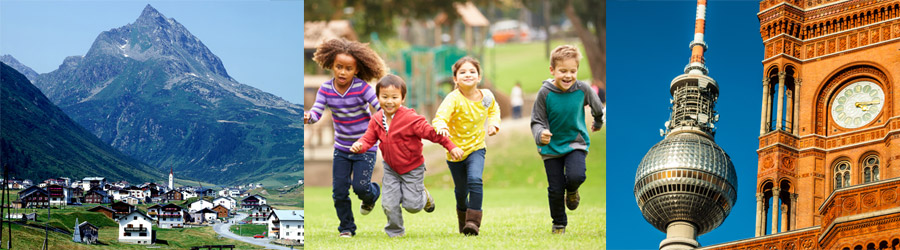 bayerisches Dorf, rennende Kinder im Park, Rathausuhr