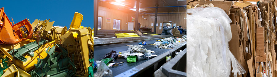 Plastikmüll, Fließband mit Mülltrennung, Pappe und Plastikfolie