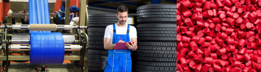 Walze mit Plastiktüten, Kontrolle von Autoreifen, Kunststoffpallets