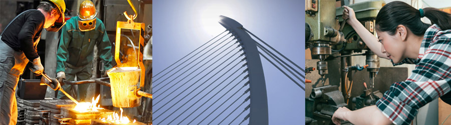 Hochofen, Stahlbrücke und Arbeiterin an der Drehbank
