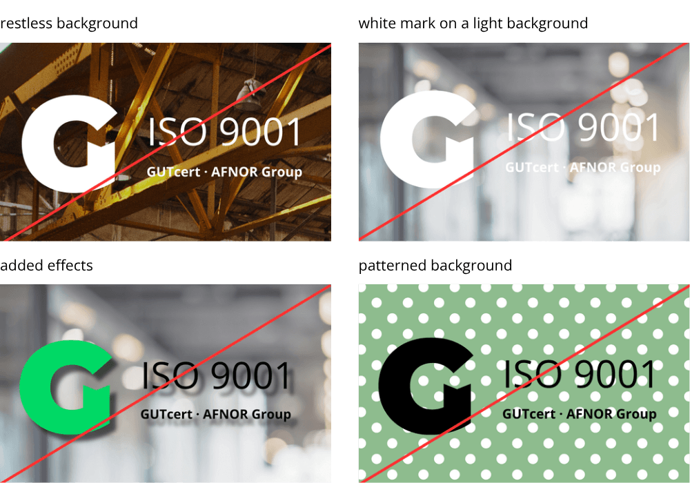 Examples of incorrect use of certification marks (background too busy, background too light when the mark is white, marks with special effects, marks on a patterned background)